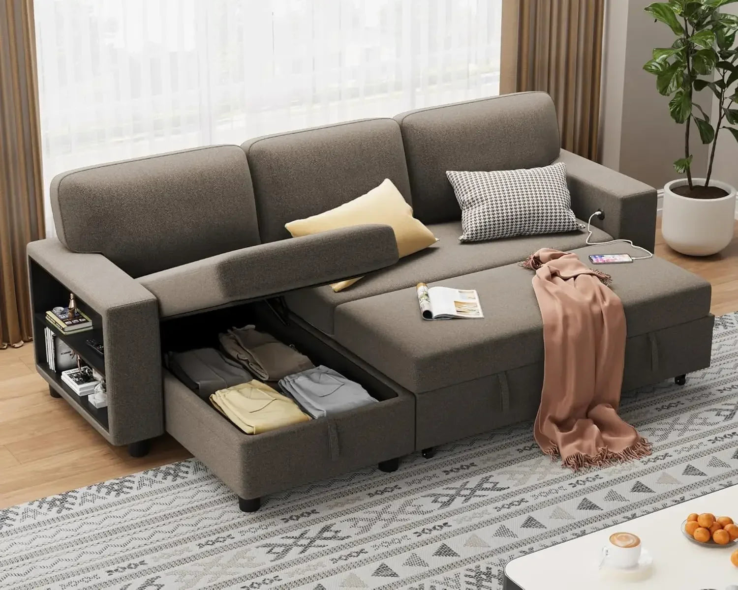 Sleeper Sofa with Built-in Large Storage and 2 Bookshelves and USB.