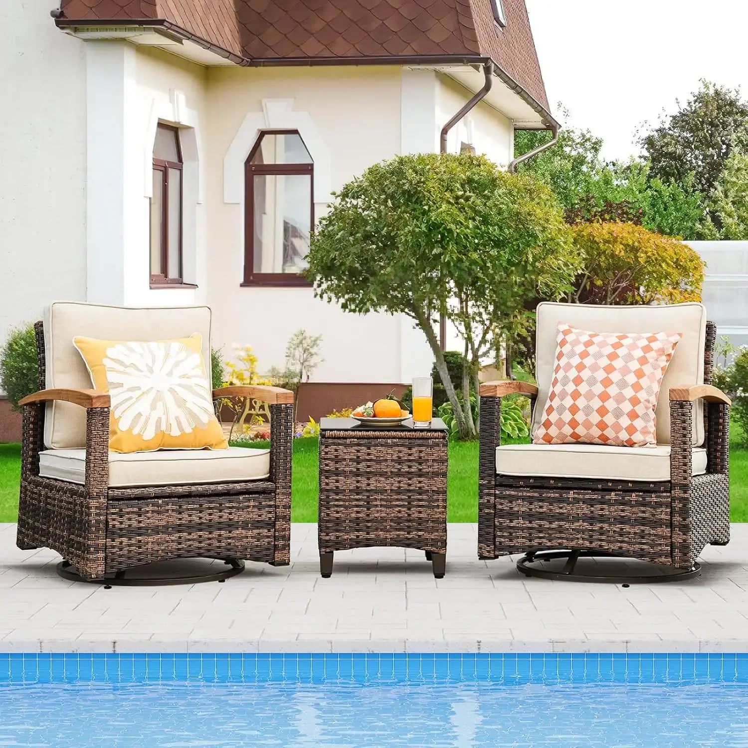 9 Piece Outdoor Patio Furniture Set, Half-Moon Curved Sectional Sofa Rattan Patio Conversation Set