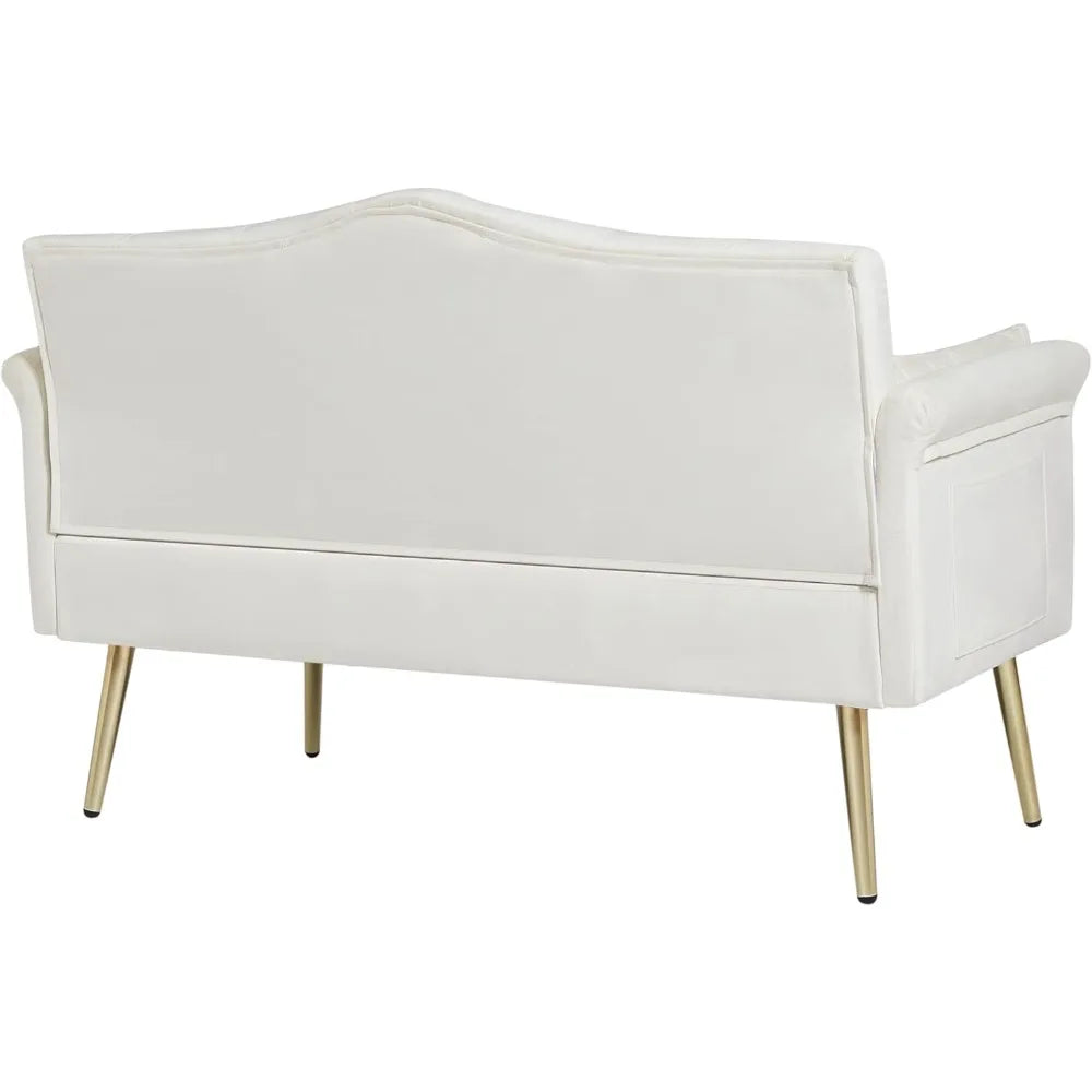 55-Inch Velvet Loveseat with Tufted Backrest, Side Pockets and Gold Metal Legs.  Also available in white or gray chair.
