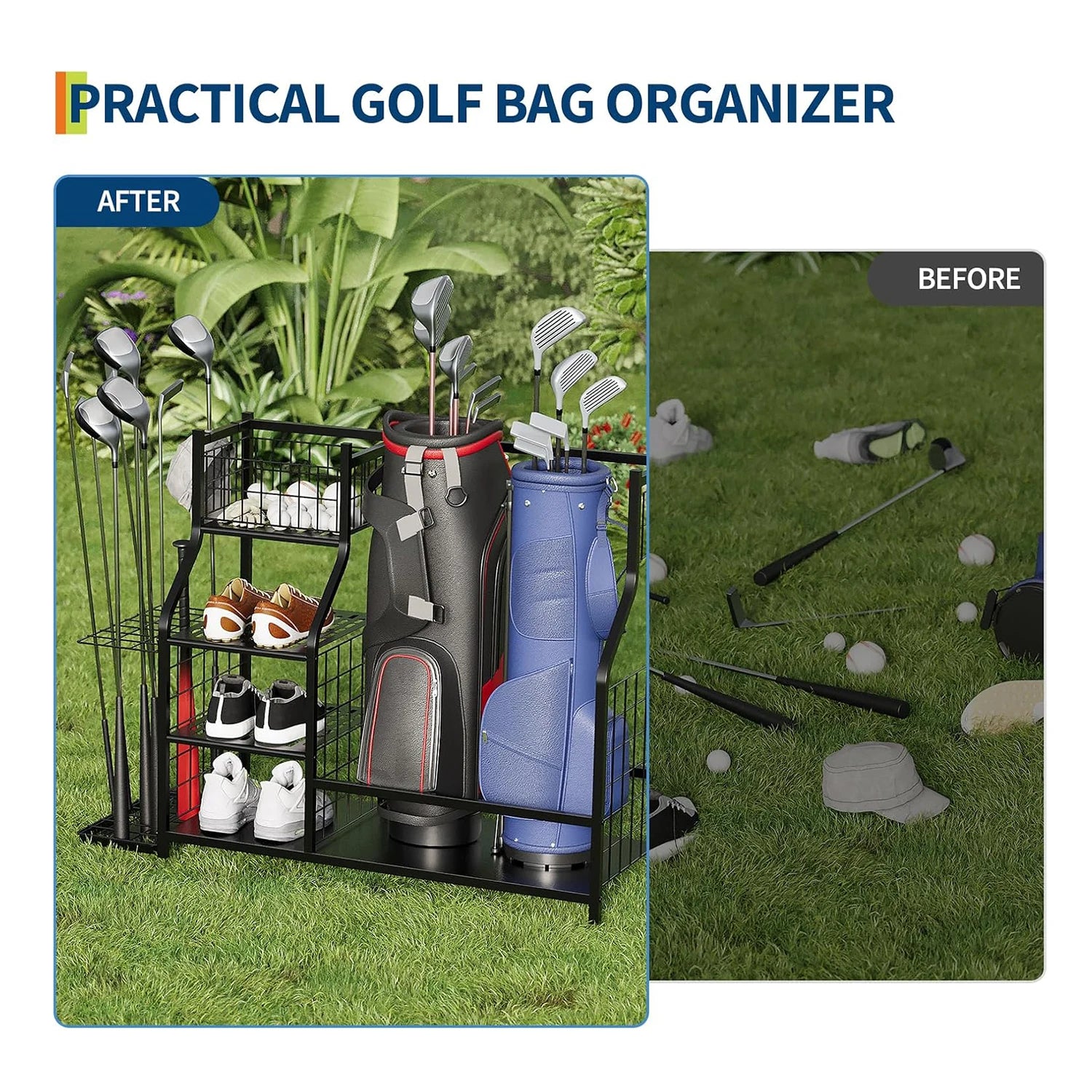Golf Bag Storage Stand and Equipment Organizer