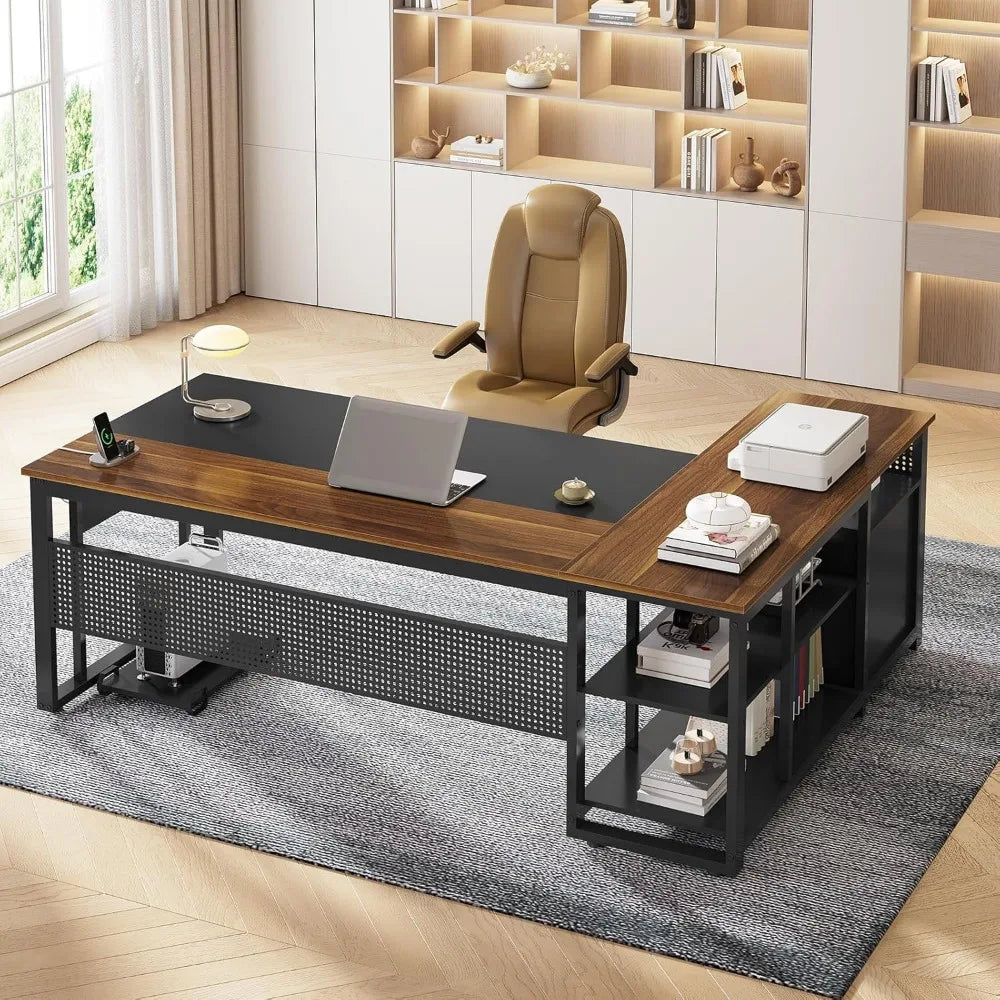 Large Reversible L-Shaped 71" Executive Desk with Power Outlets, File Drawers & Storage Shelves.
