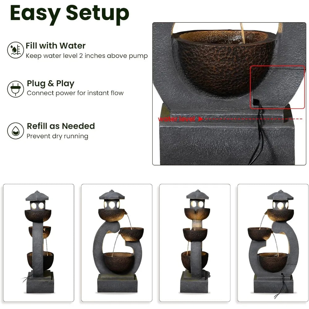Outdoor Zen Feature - Garden Fengshui Freestanding Cascading Pagoda Waterfall with LED Lights & Pump.