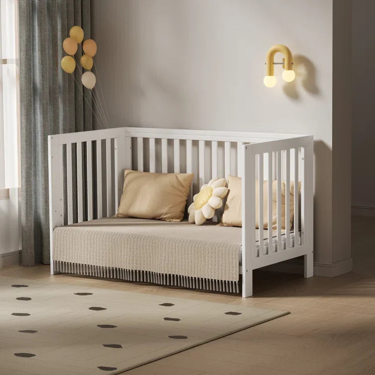 11-In-1 Adjustable Height Convertible Mini Cradle to Full Size Crib with Removable Wheels. Color White,
