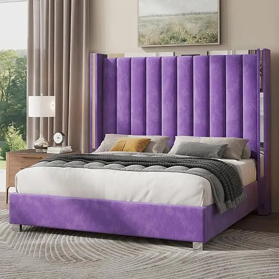 Queen Size Bed Frame with 58" Tall Velvet Upholstered Headboard,