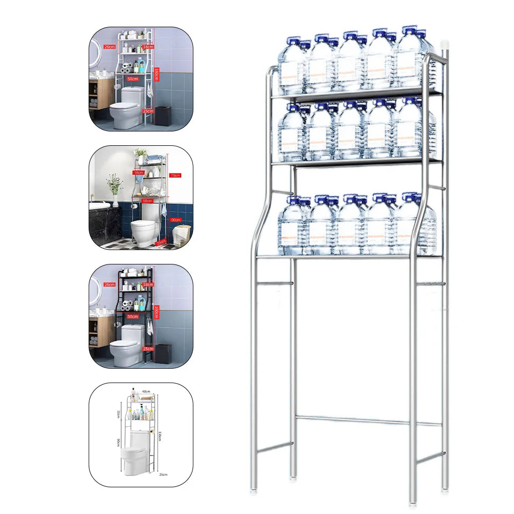 Metal Over The Toilet Storage Rack With Towel Hooks and Paper Holder.