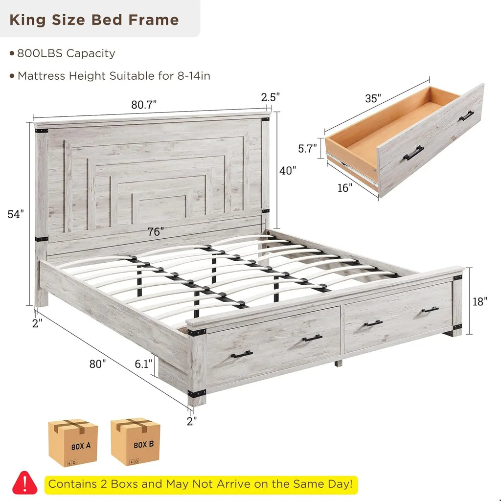 Wooden Antique White Farmhouse Bed Frame with 54" Tall  Headboard and 2 Large Storage Drawers.  King or Queen