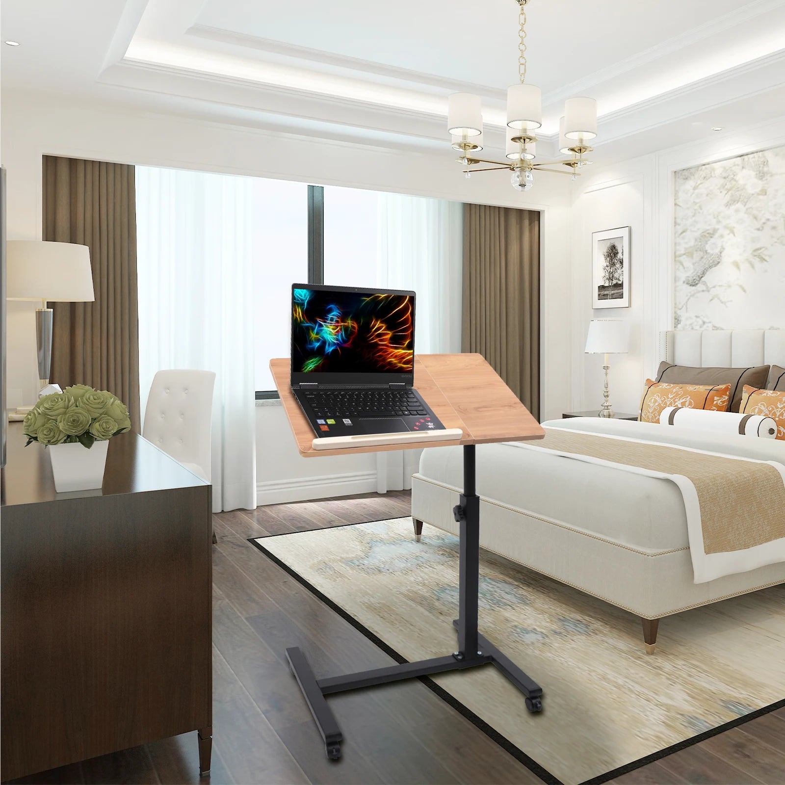 Adjustable Rolling Laptop Desk with 360° Rotating Tabletop.
