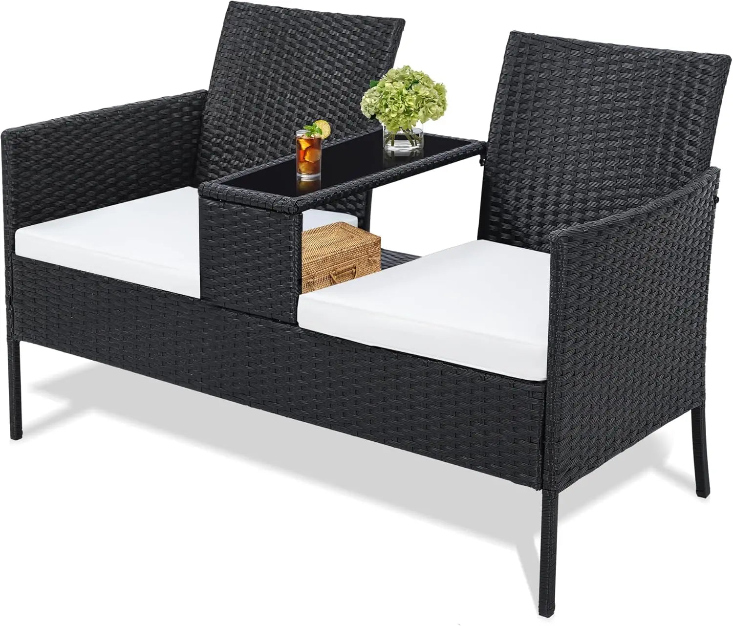 Wicker 2 Seat Outdoor Rattan Loveseat with Table and Washable Cushion Covers