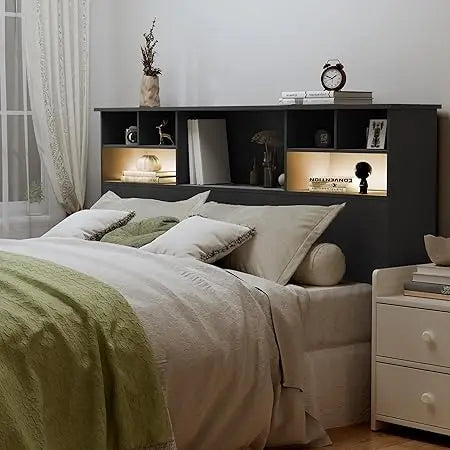 King Size Wooden Headboard with Bookcase and Built-In Charging Station & 2 LED Lights,