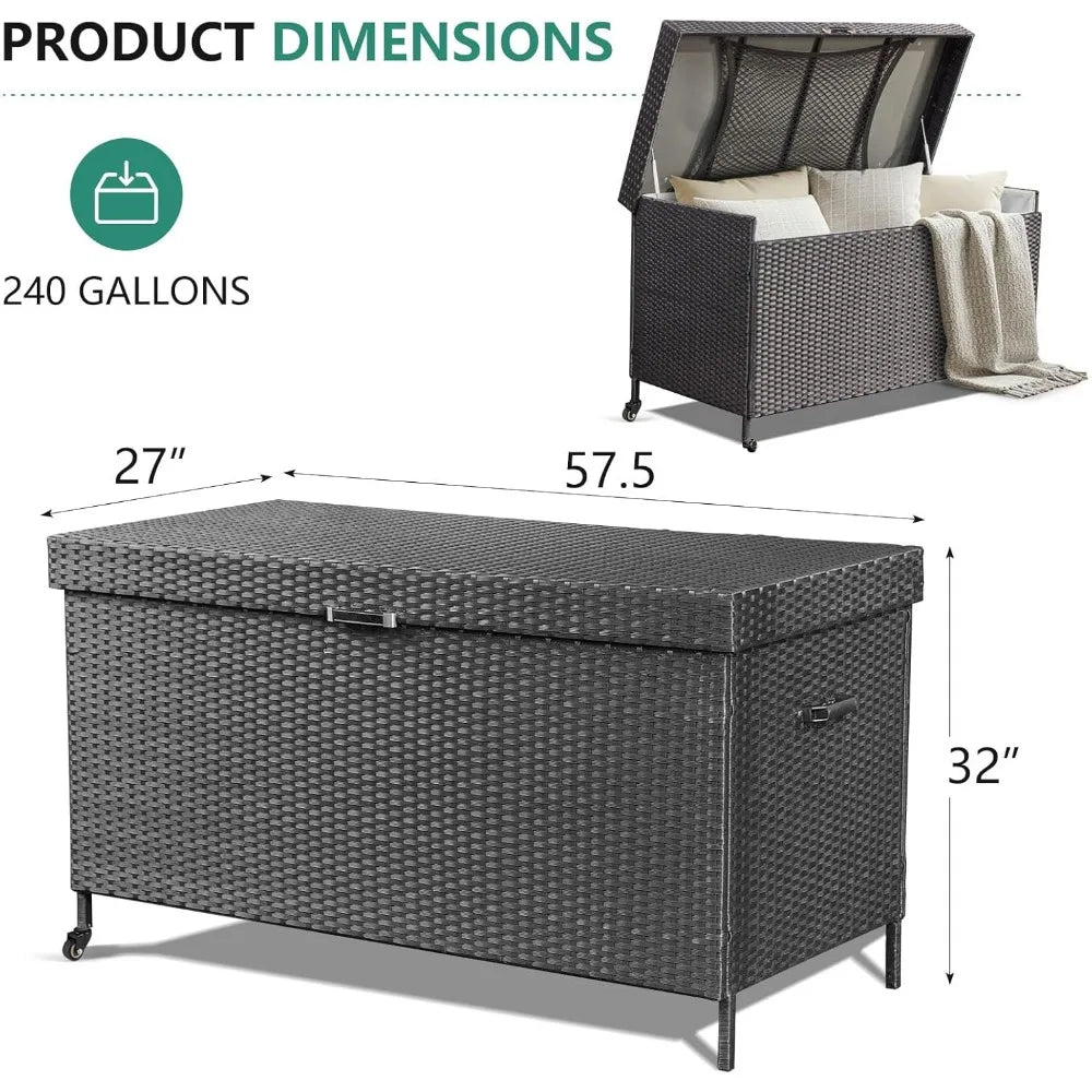240 Gallon Wicker All-Weather Deck Box with 2 Universal Wheels & Hinged Opening