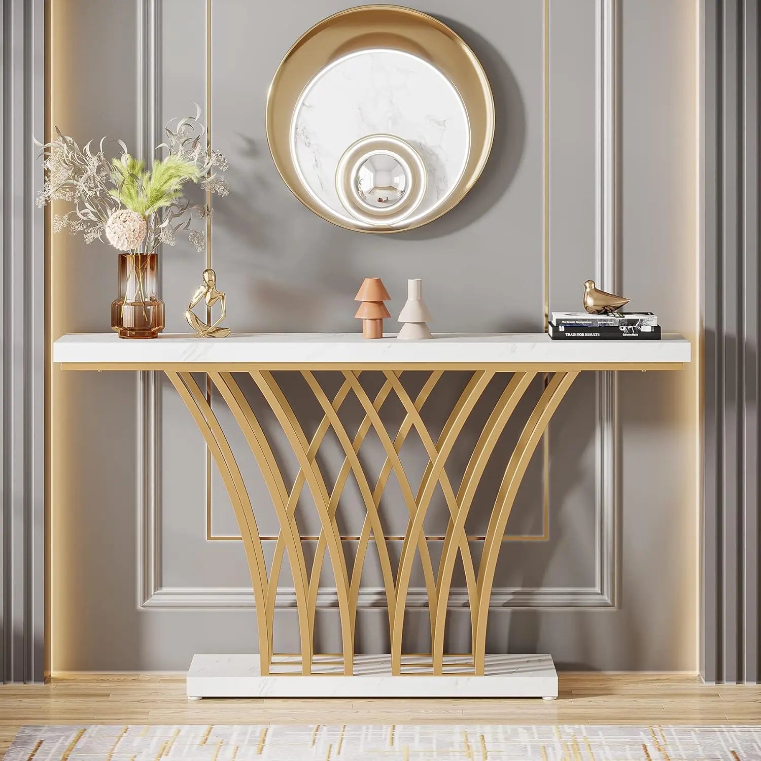 59 inch Gold Console Table with Grid-Shaped Metal Base. Three styles available.