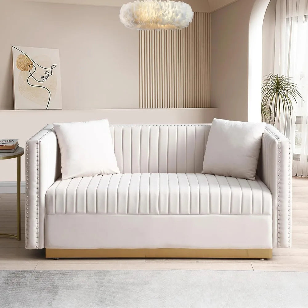Luxury Velvet Sofa Set for Living Room with Nailhead Gold Metal Legs and 4 Pillows.