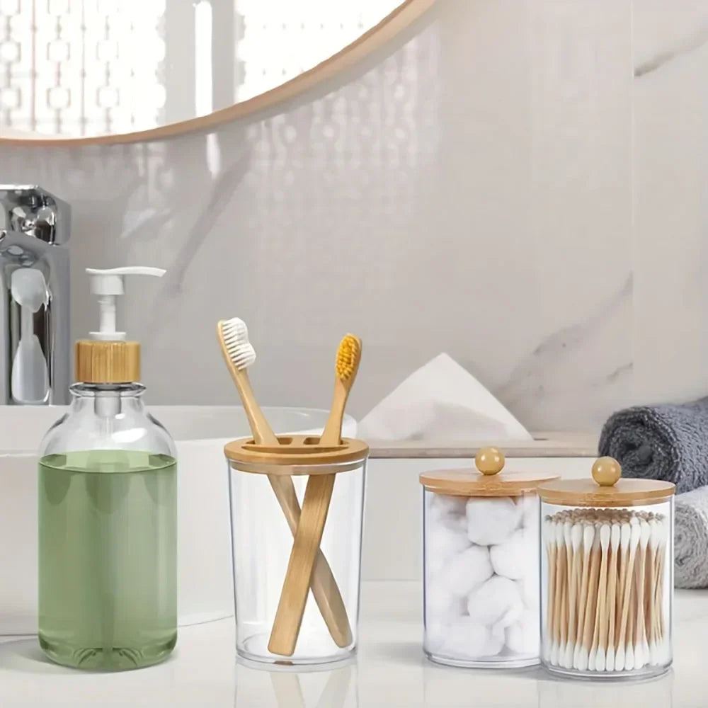 4pcs Bamboo Bathroom Accessory Set with Soap Dispenser, Toothbrush Holder and 2 Glass Jars .