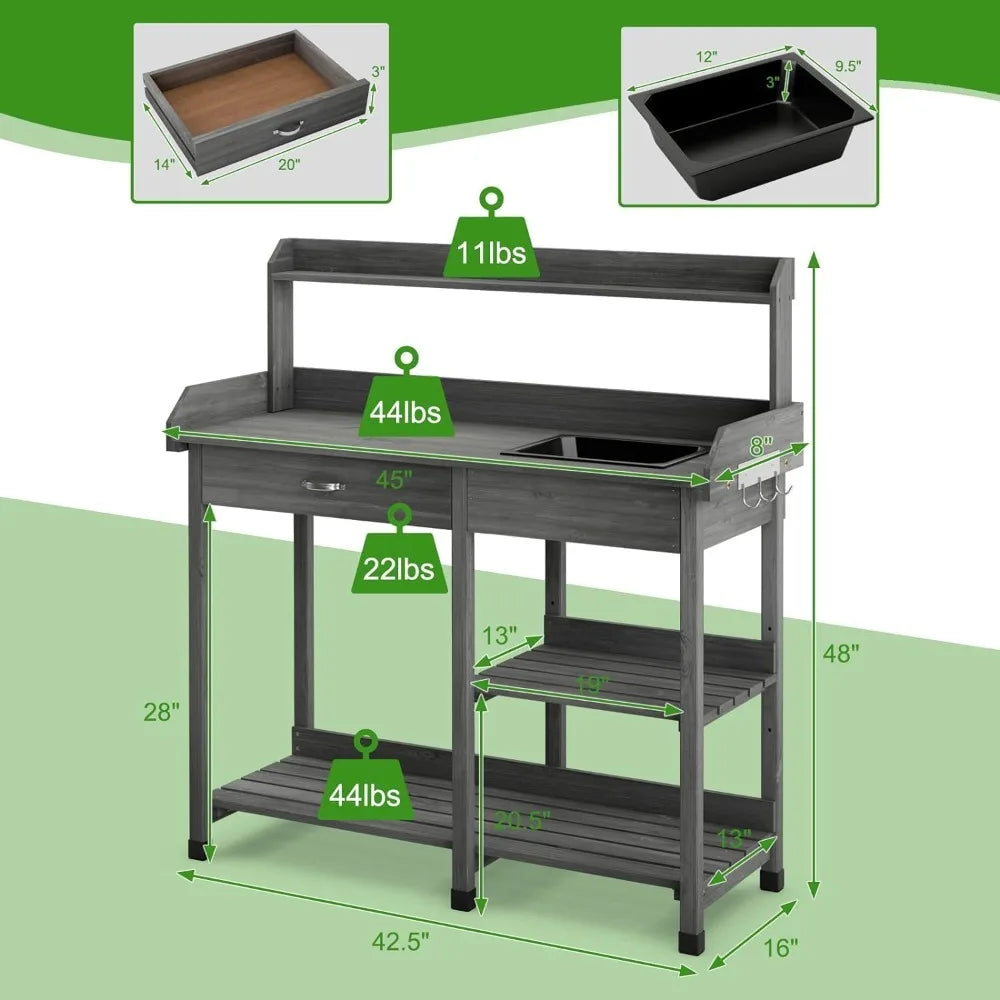 Solid Wood Potting Bench with Planting Shelf, Sink and Drawer.