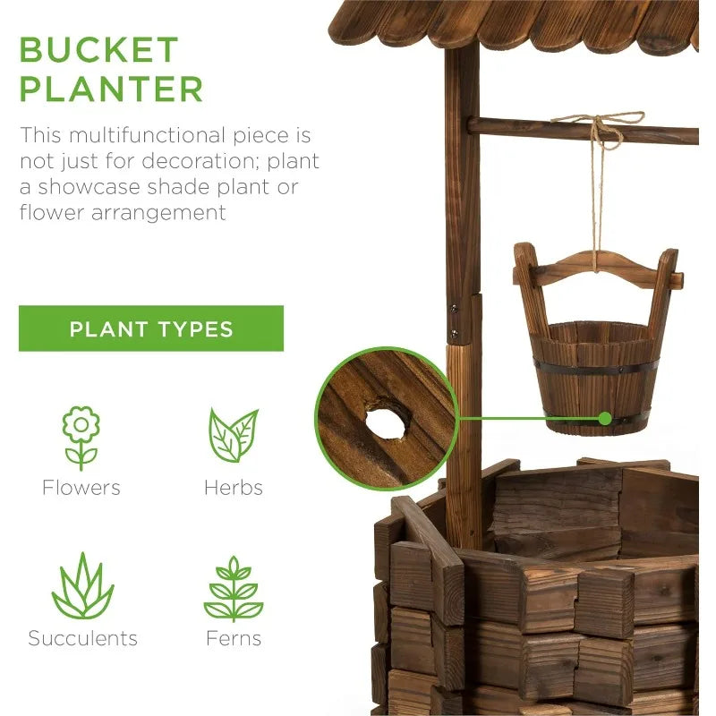 Rustic Wooden Outdoor Wishing Well Planter w/Hanging Bucket
