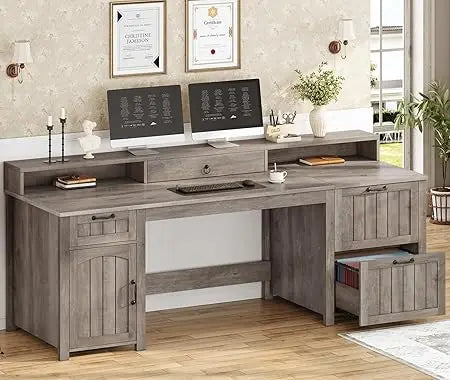 63" Wooden Farmhouse Executive Desk with Drawers, Storage Cabinet and File Drawer.