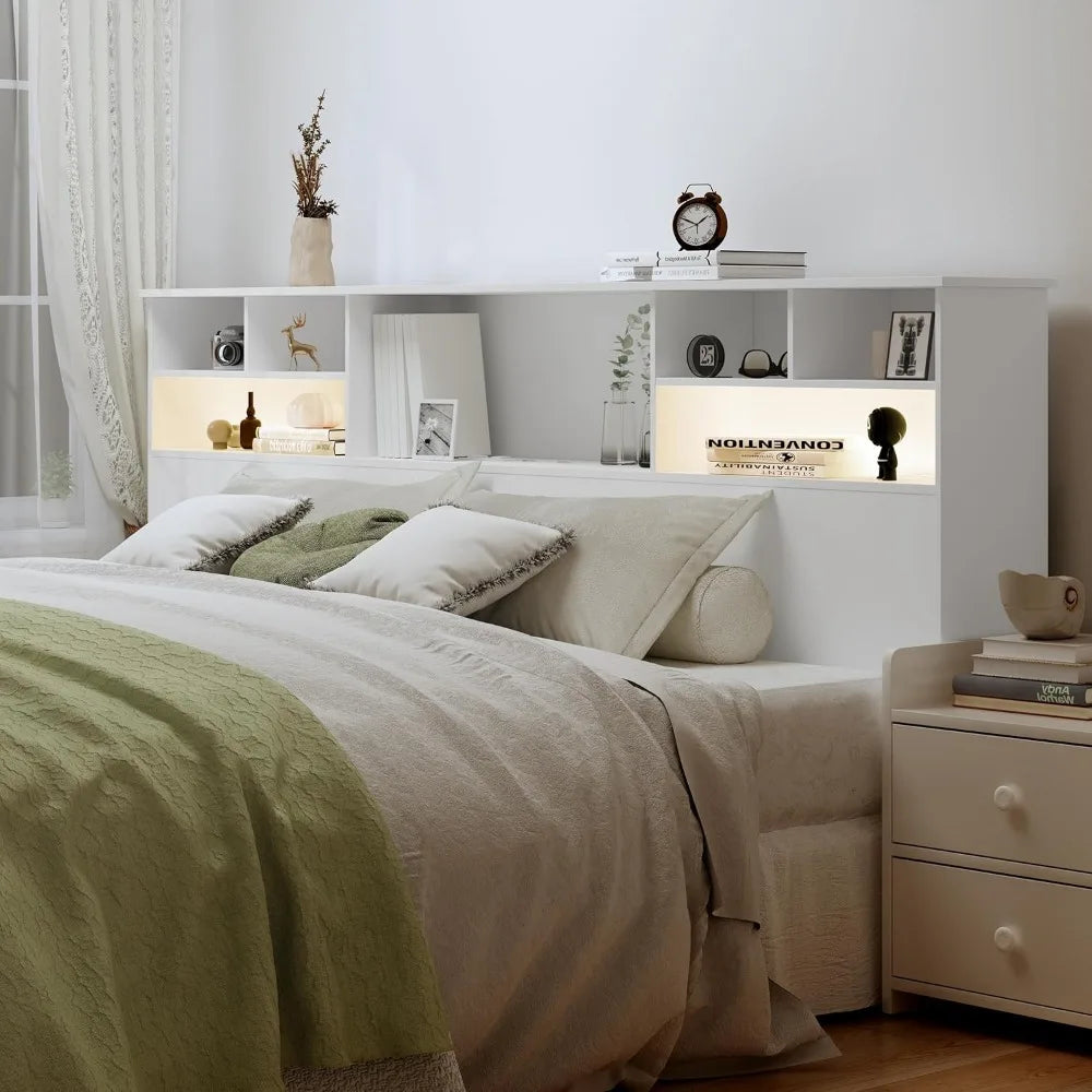 King Size Wooden Headboard with Bookcase and Built-In Charging Station & 2 LED Lights,