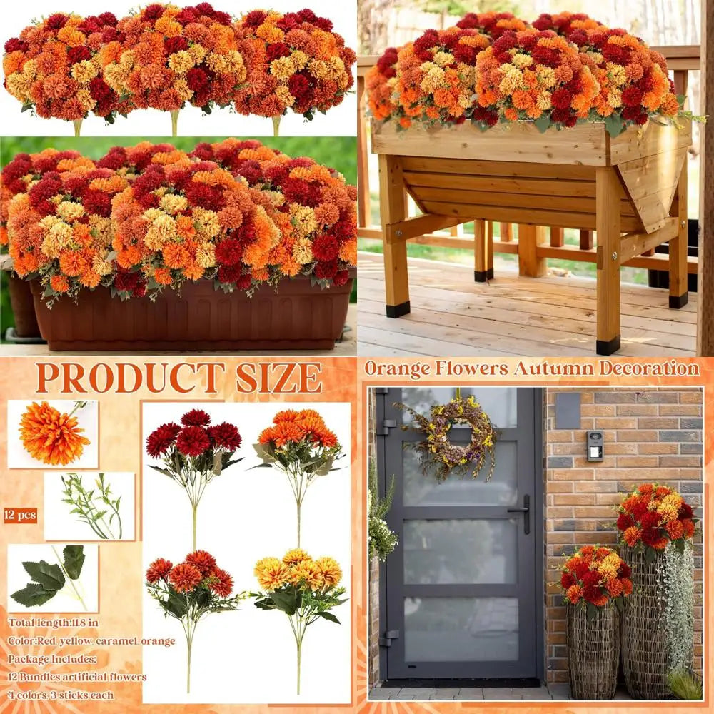 12 Pcs Artificial Fall Flowers Consisting of Red, Yellow, Caramel and Orange Mums .