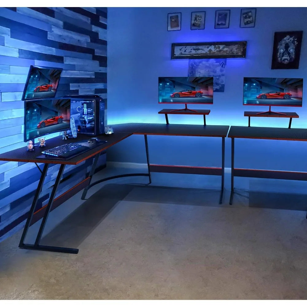 L-Shaped PC Gaming Desk with Large Monitor Riser Stand.