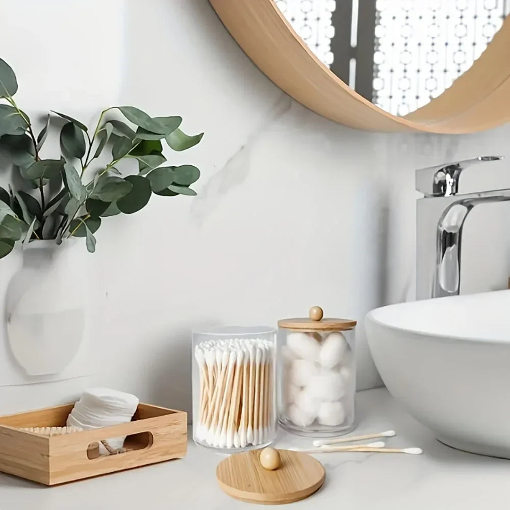 4pcs Bamboo Bathroom Accessory Set with Soap Dispenser, Toothbrush Holder and 2 Glass Jars .