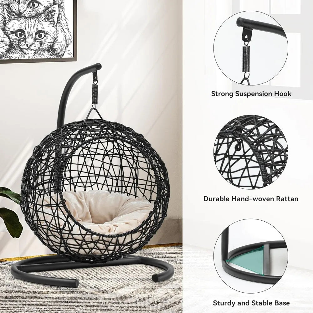 Rattan Wicker Appearance Swinging Cat Bed with Stand & Cushion for Small Animals.