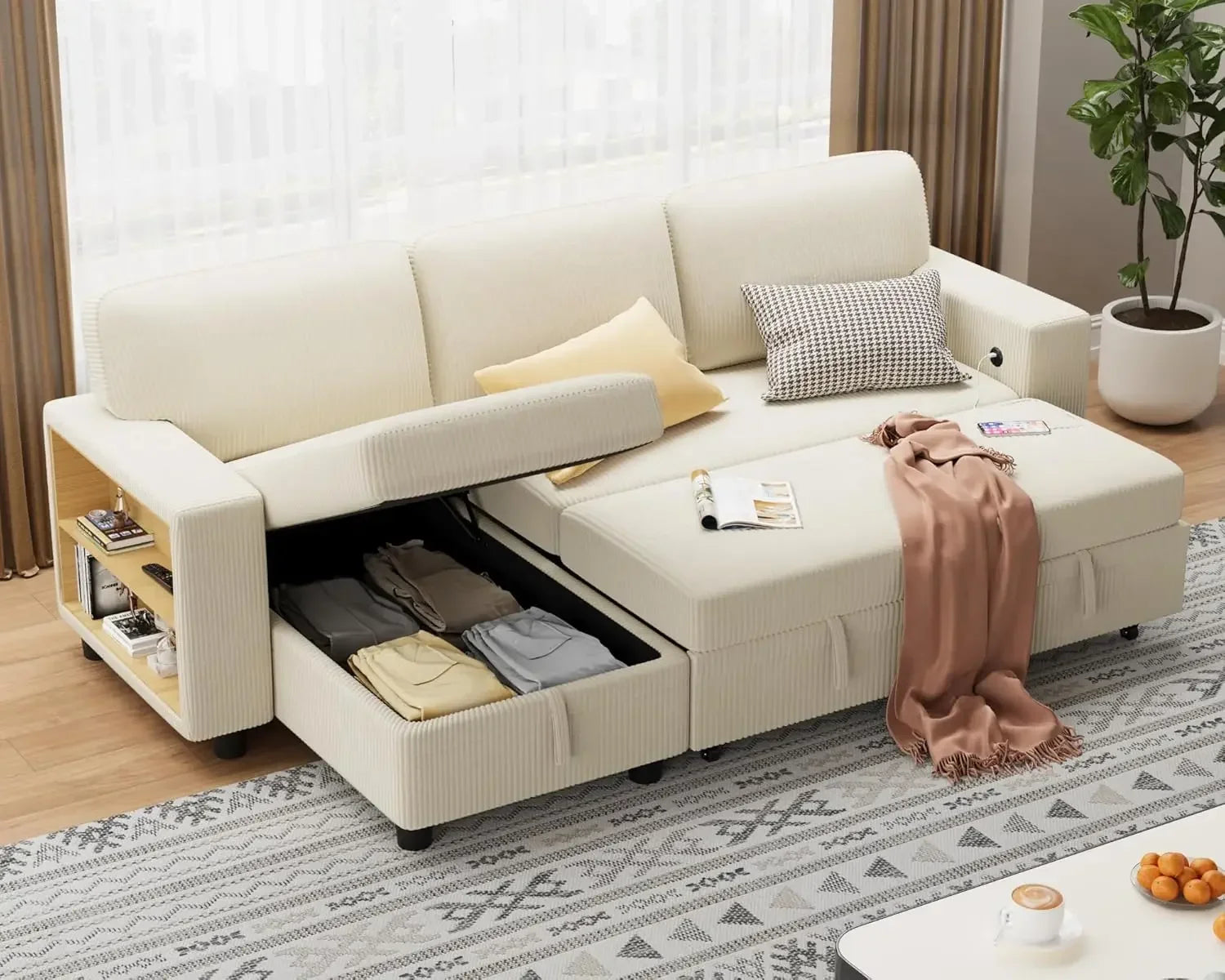 Sleeper Sofa with Built-in Large Storage and 2 Bookshelves and USB.