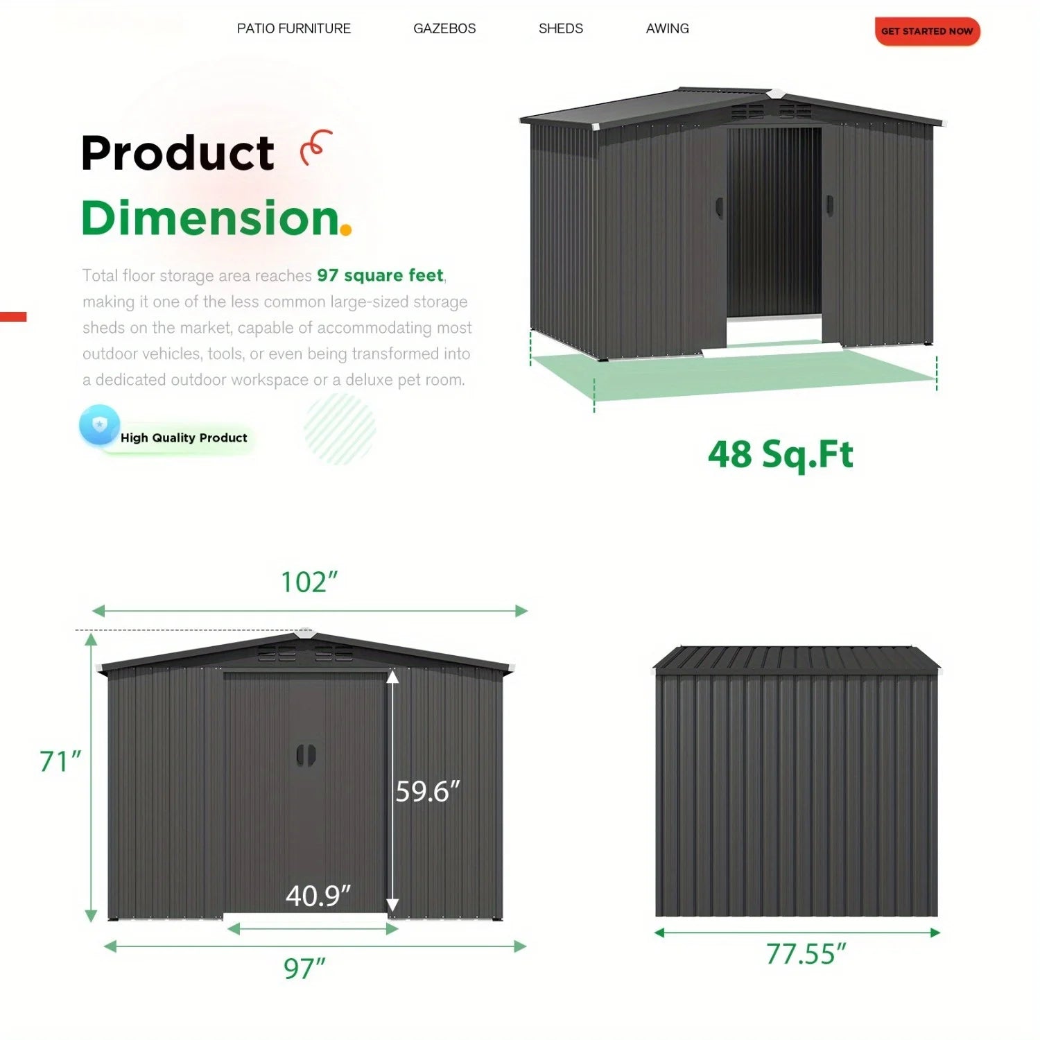 8x6 Ft Outdoor Storage Shed with Sliding Door and Metal Frame