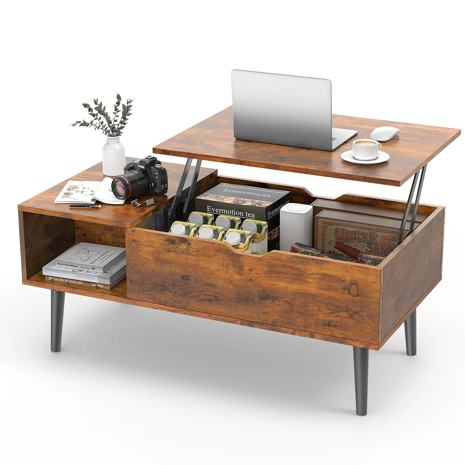 Coffee Table With Lift Top and Adjustable Storage Shelf,  Measures 39.37"x19.7"