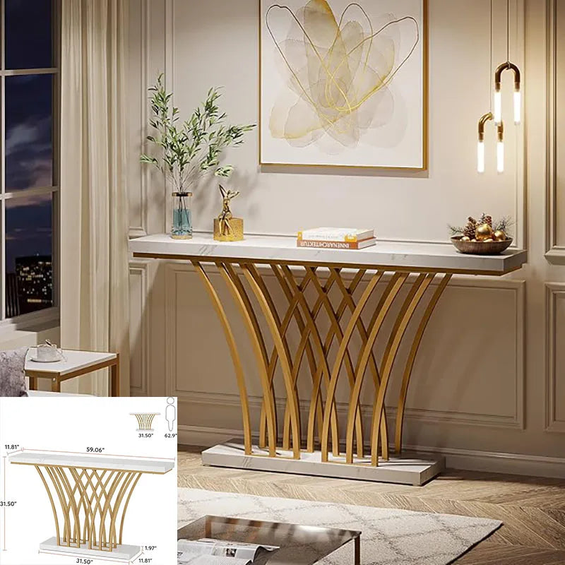 59 inch Gold Console Table with Grid-Shaped Metal Base. Three styles available.
