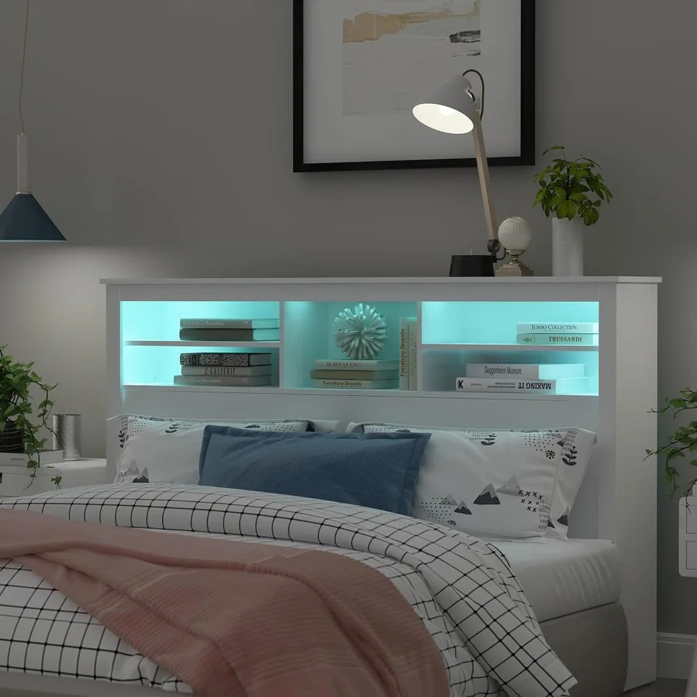 Full/Queen Size Wooden Headboard with Adjustable Light and Shelves