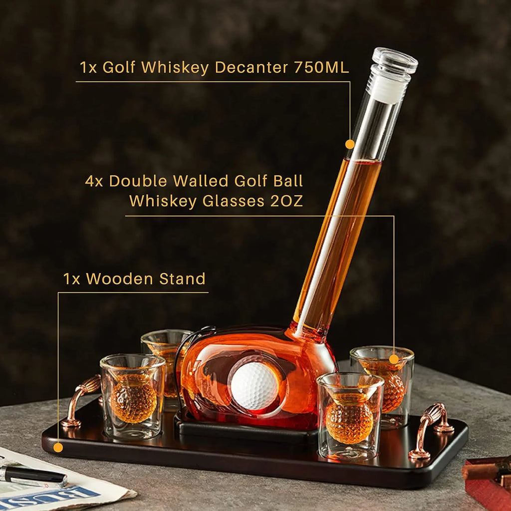 Unique Golf Whiskey Decanter Set with 4 Golf Ball Shot Glasses,