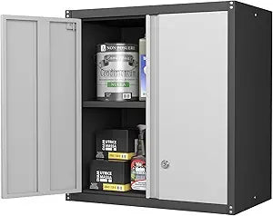 Metal Tool Storage Cabinet 72.8" Tall with Hooks and Shelves.