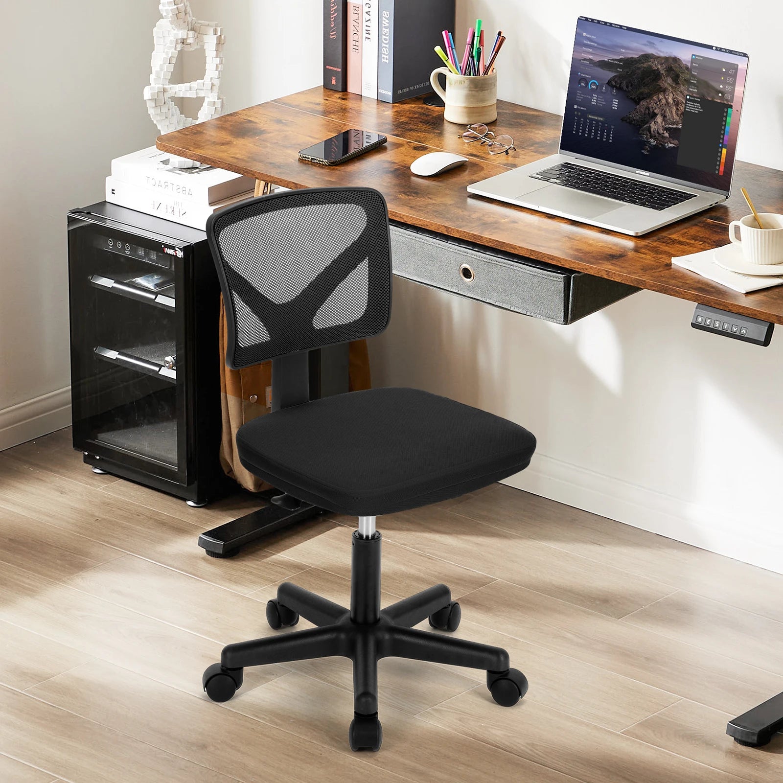 Armless Mesh Office Chair with Lumbar Support, Low Back, Adjustable Height and Swivel Seat.  Various colors.