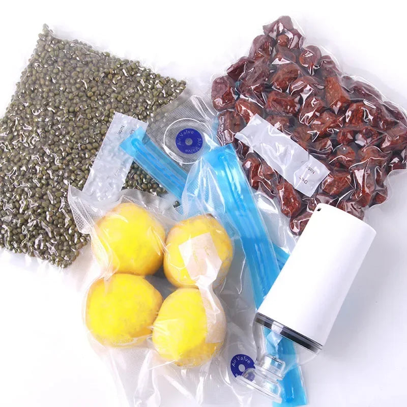 Reusable Electric Handheld Vacuum Sealer Pump with Zipper Bags for Food Storage or Sous Vide Bags.