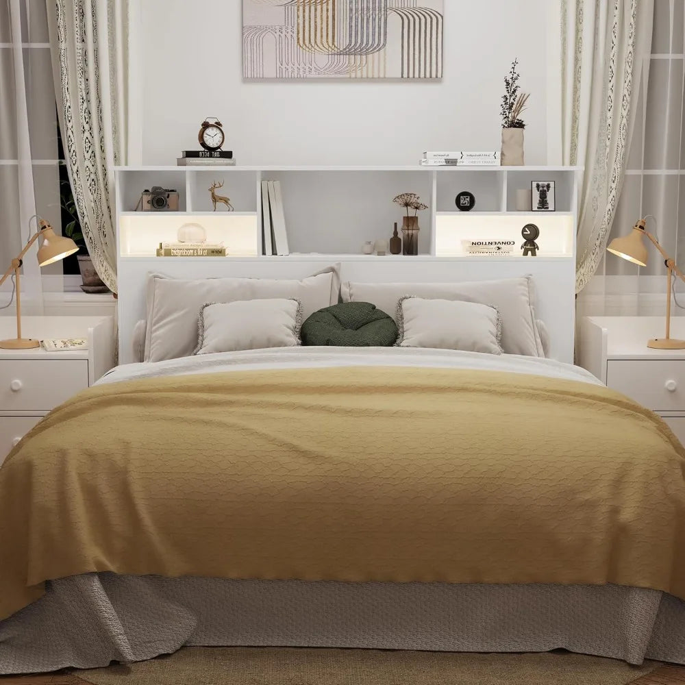 King Size Wooden Headboard with Bookcase and Built-In Charging Station & 2 LED Lights,