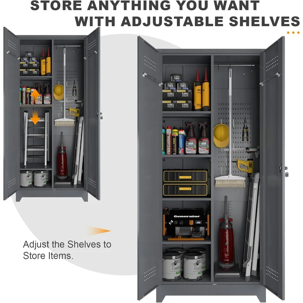 Metal Tool Storage Cabinet 72.8" Tall with Hooks and Shelves.