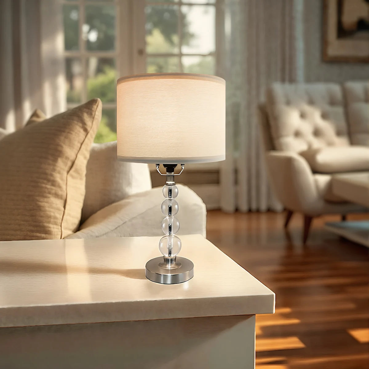 Set of Two Modern Multi-Room Table Lamps with Linen Colored Shades