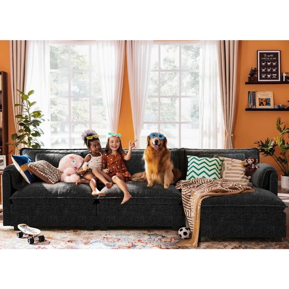113" Modular Deep Seat Sectional Sofa with Movable Ottoman and Removable Covers in Various Colors.