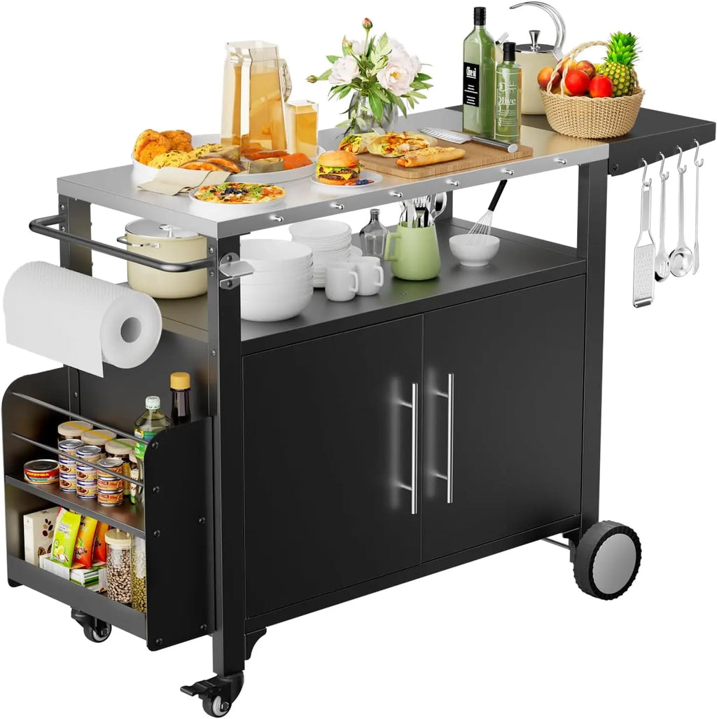 Waterproof Outdoor Grill or Bar Cart on Wheels with Stainless Steel Top, Storage, Hooks and Spice Rack