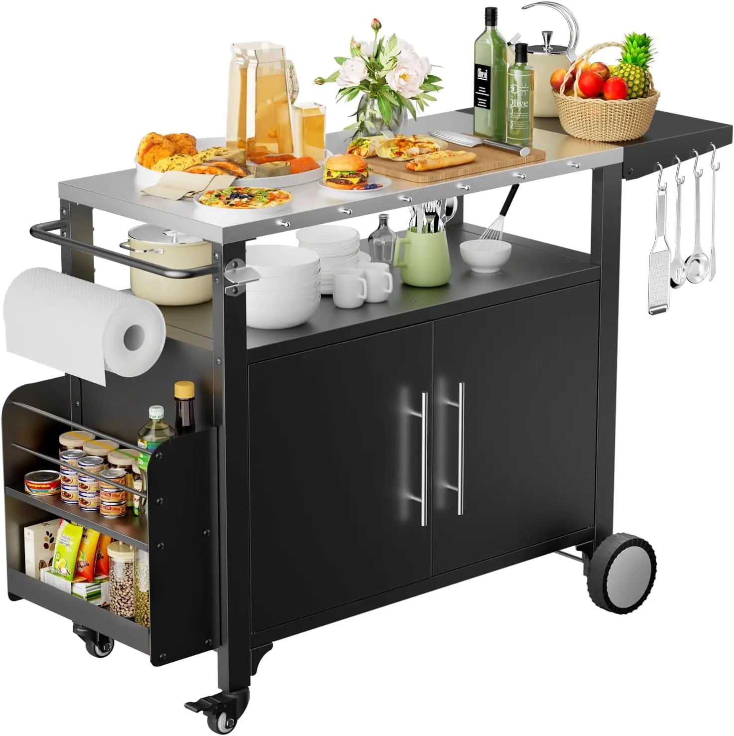 Waterproof Outdoor Grill or Bar Cart on Wheels with Stainless Steel Top, Storage, Hooks and Spice Rack
