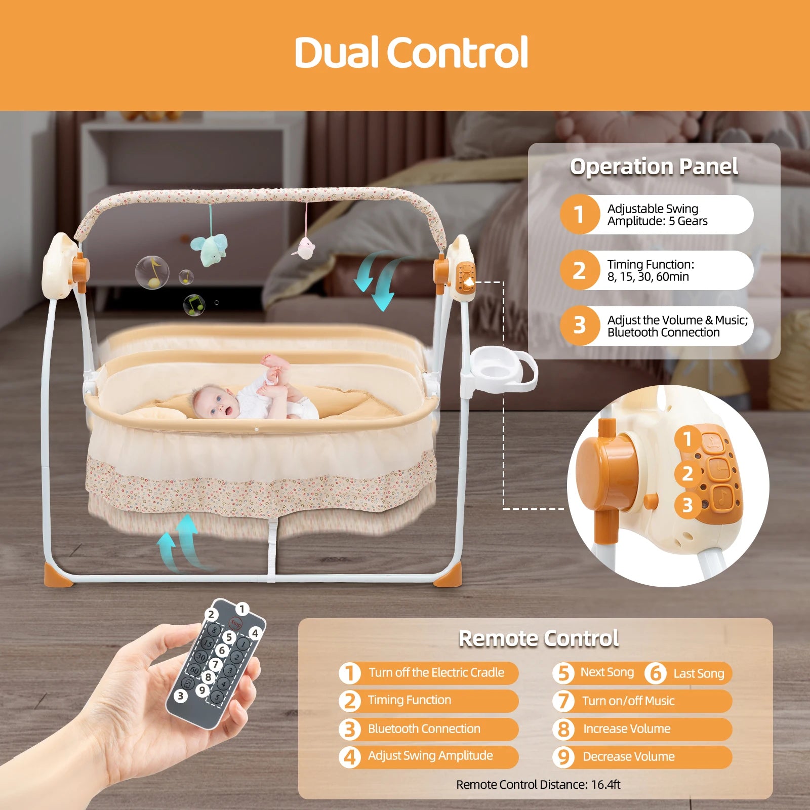 0-18 Months Infant Electric Foldable Baby Crib with Auto Swing and Remote Control.