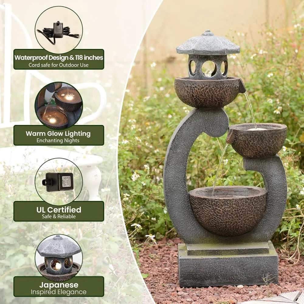 Outdoor Zen Feature - Garden Fengshui Freestanding Cascading Pagoda Waterfall with LED Lights & Pump.
