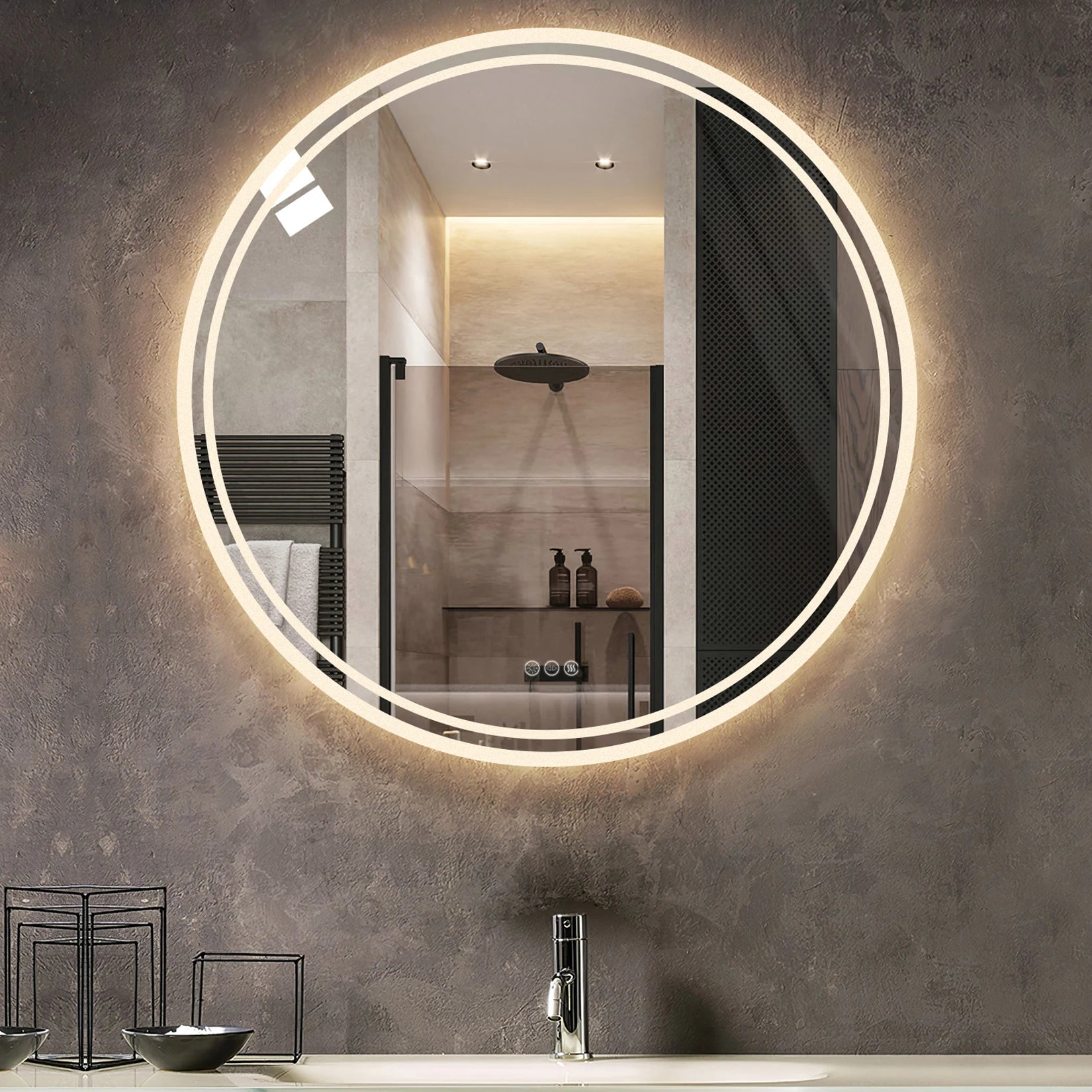 Wall Mounted Round LED Lit Bathroom Mirror with 3 Different Color Lights