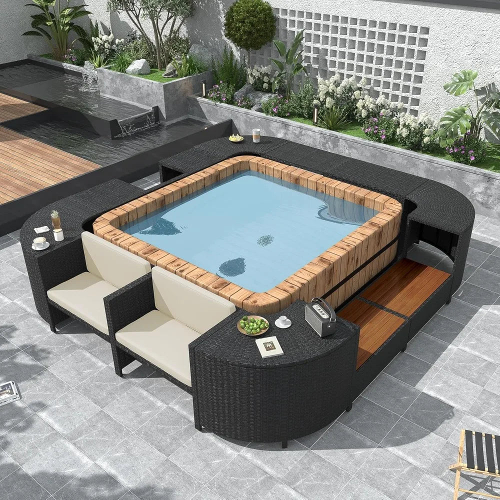 Patio Spa Surround Rattan Sofa Set with Wooden Seats and Storage Spaces.