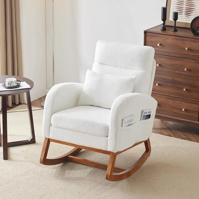 Upholstered Rocking Chair/Glider with Thick Headrest, Curved Armrest and Side Pockets. Two Styles and Various Colors.