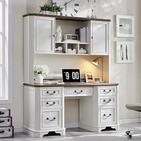 59" Farmhouse Executive Desk with Hutch,Wood Home Office Computer Desk, Featuring Keyboard Tray,Charging Station,File Drawer, S