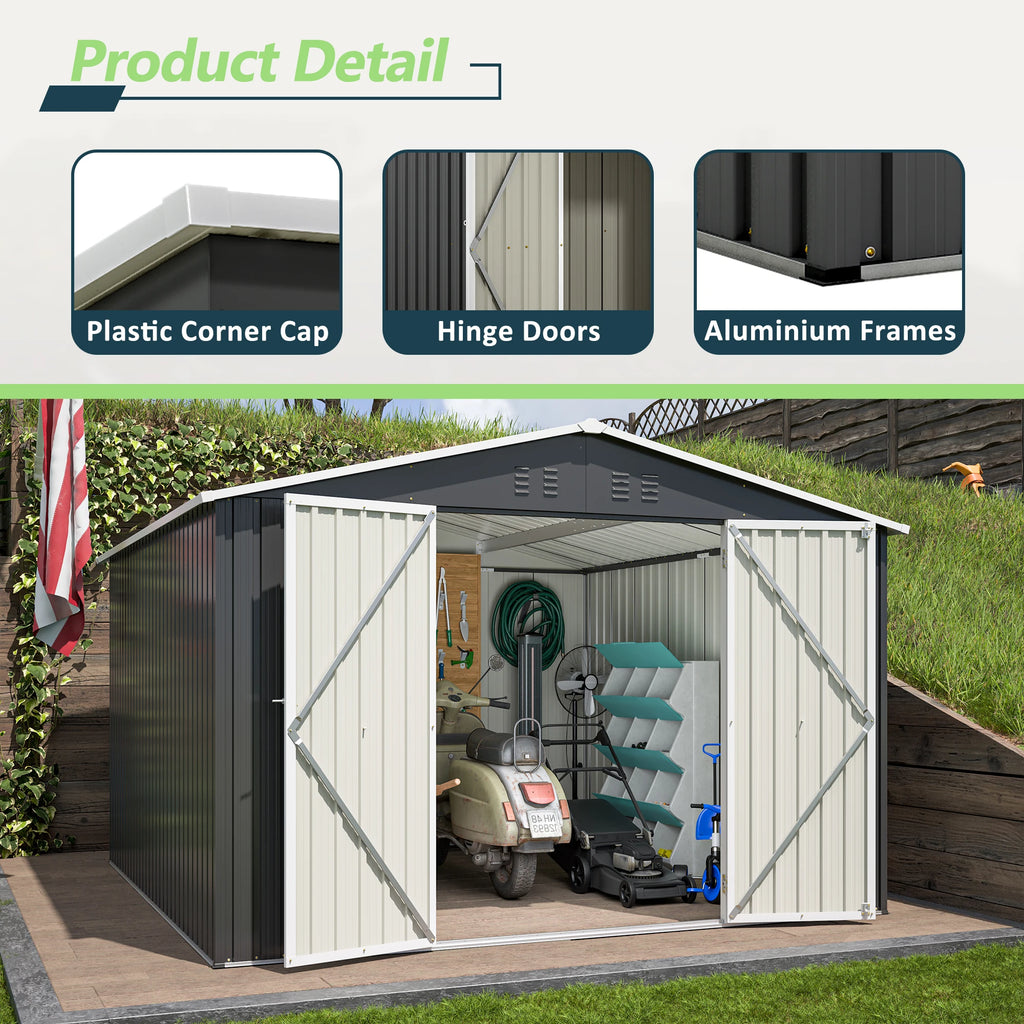 Outdoor 10 x 10  FT Metal Storage Shed with Lockable Doors and Updated Frame Structure.