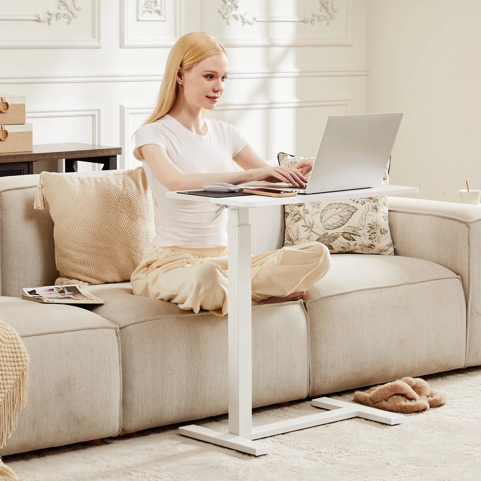 Multi-Use Table with Hidden Casters and Adjustable Height for Use with Sofa, Chair or Bed