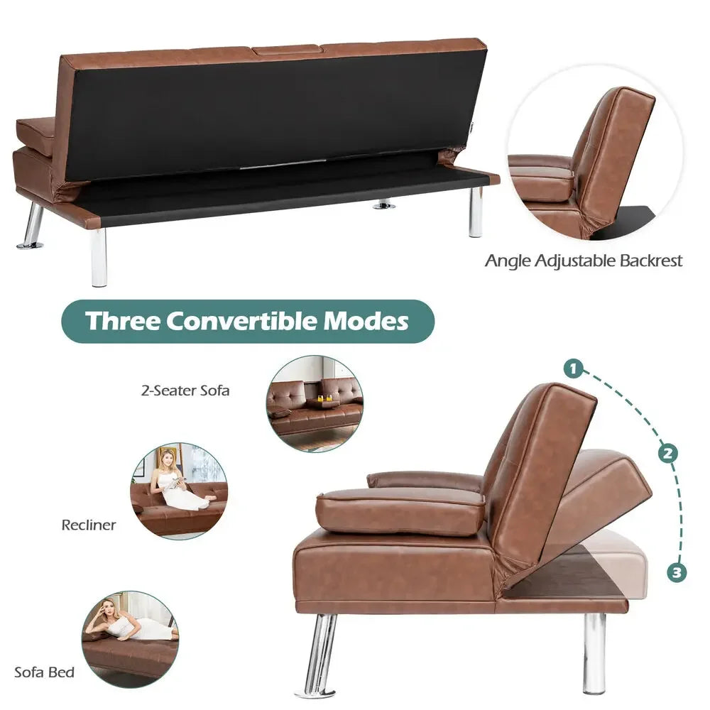Convertible Folding Leather Futon Sofa Bed  w/ 2 Hidden Cup Holders.