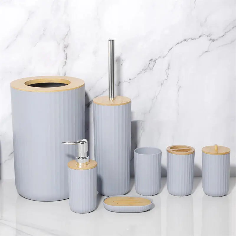 7 Piece Bamboo Bathroom Accessory Set.